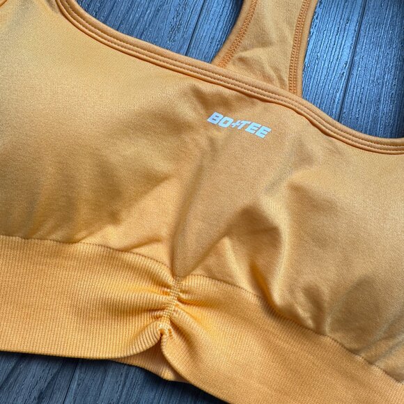 OH POLLY ORANGE YELLOW RUCHED RACER PADDED SPORTS BRA CROP TOP - SMALL - Picture 4 of 4